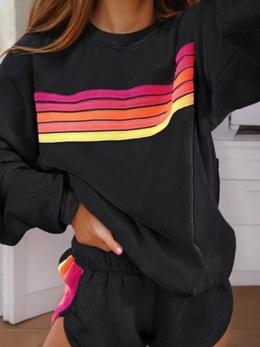 Black Sweatshirt with Pink-Orange-Yellow Stripe - Women's Lounge Set